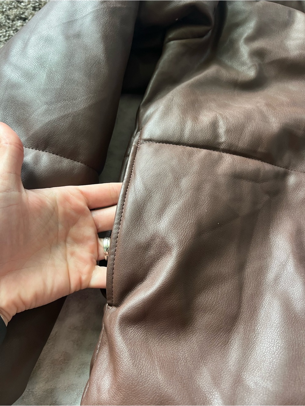 Old Navy Mock Neck Faux Leather Puffer Brown Jacket | Size XL Tall - Picture 5 of 9